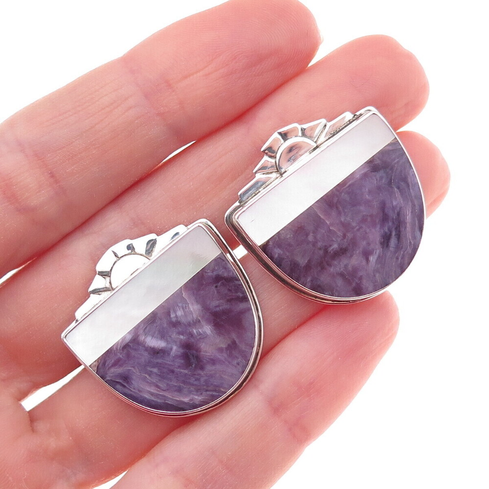 David Epstein 925 Sterling Silver Vintage Real Charoite & MOP Modernist Earrings